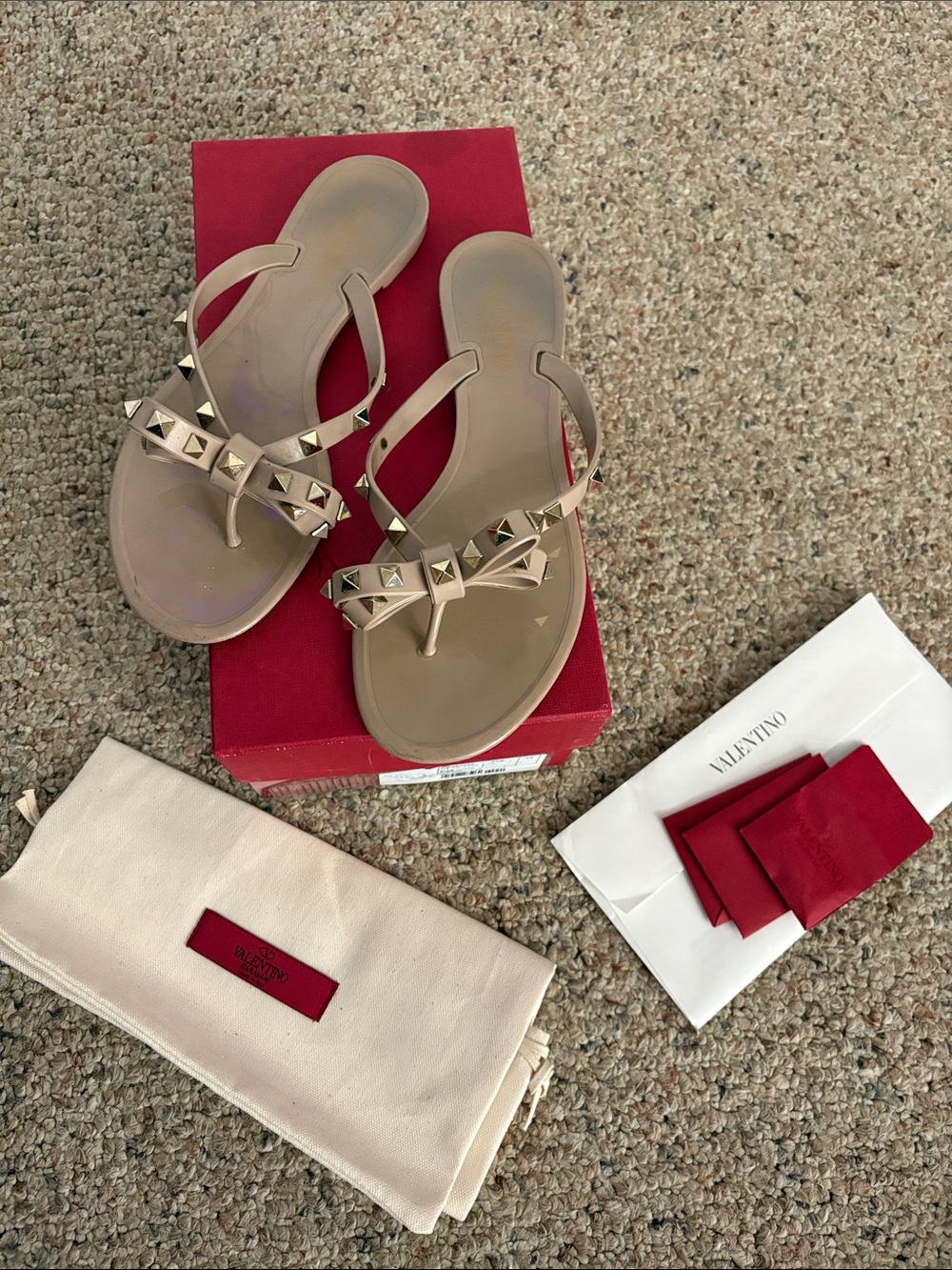 Valentino Nude Rockstud Thong Sandals with Gold Tone Studs
